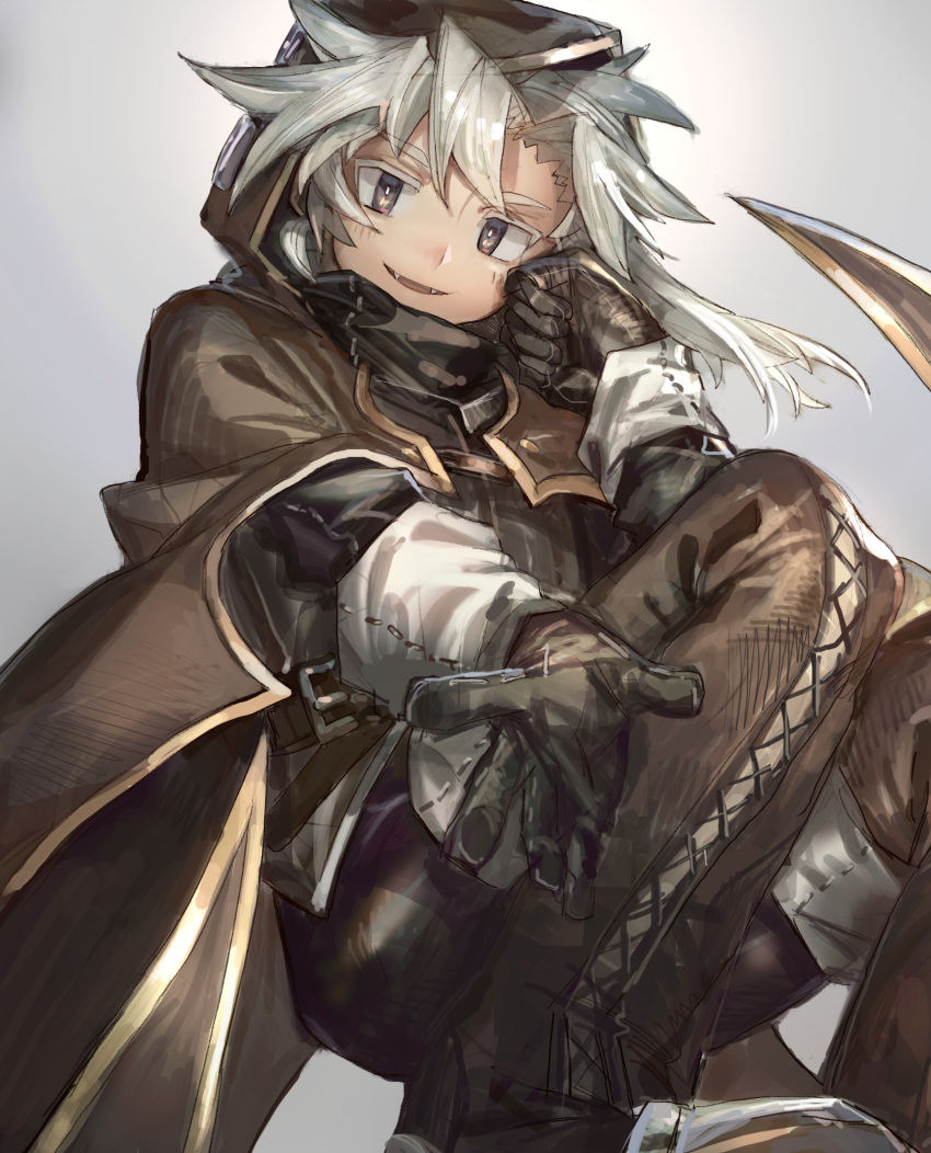 1girl bad_id bad_pixiv_id black_eyes black_gloves brown_cloak brown_hood brown_pants cloak fangs gloves gradient gradient_background grey_background grey_hair highres hood hood_up hooded_cloak looking_at_viewer open_hand open_mouth original outstretched_arm outstretched_hand pants shichigatsu silver_hair simple_background smile solo squatting