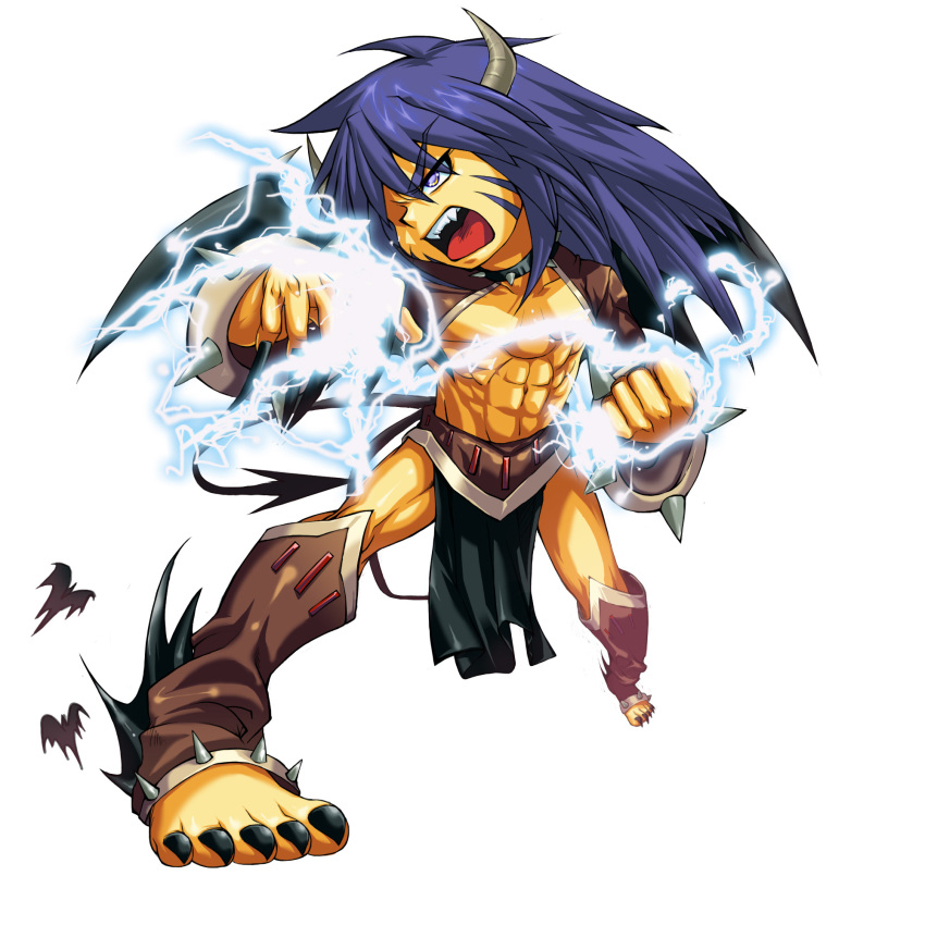1boy abs angry barefoot bats black_nails blue_eyes blue_hair claws demon demon_tail demon_wings electricity horns legwear loincloth long_hair marking_on_cheek marshal_(mini_fighter) mini_fighter muscles official_art open_mouth sharp_teeth solo spiked_bracelet spiked_collar vest