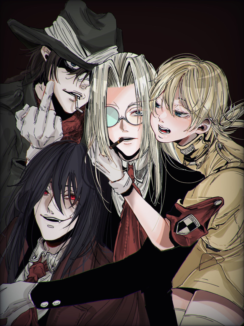 2boys 2girls alucard_(hellsing) armband bandana bangs beige_legwear black_background black_coat black_hair black_headwear blazer blonde_hair blue_eyes brown_hair cigar cigarette coat collared_shirt commentary_request cowboy_hat fangs formal gloves hair_between_eyes hand_on_another's_chest hand_on_another's_face hat hellsing highres integra_hellsing ippei_(2omg072) jacket lens long_sleeves looking_at_another looking_at_viewer medium_hair middle_finger multiple_boys multiple_girls necktie pip_bernardotte platinum_blonde_hair police police_uniform red_bandana red_eyes red_jacket red_neckwear round_eyewear seras_victoria shaded_face shirt short_hair short_sleeves smile suit teeth thigh-highs uniform upper_body white_gloves white_shirt zettai_ryouiki