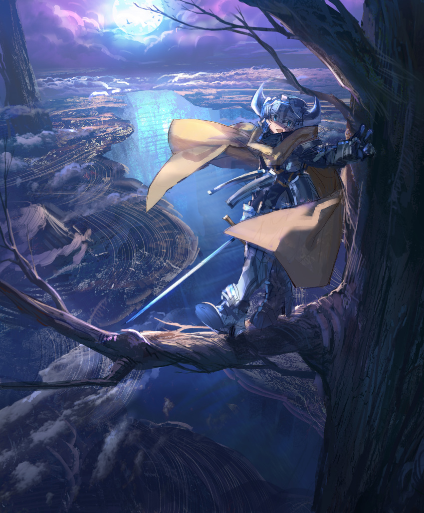 1girl :d armor armored_boots bad_id bad_pixiv_id bare_tree blue_eyes blue_moon boots breastplate cape clouds eyes_visible_through_headwear faulds full_moon gauntlets gloves greaves helmet high_heel_boots high_heels highres holding holding_sword holding_weapon horned_helmet in_tree looking_at_viewer moon night open_mouth original outdoors purple_sky river scenery shichigatsu smile solo standing sword tree v water weapon yellow_cape