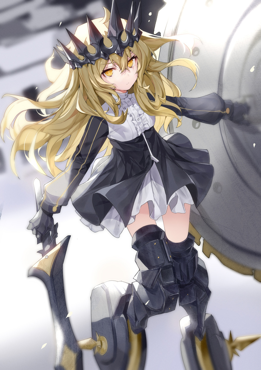 1girl armored_boots bangs black_gloves black_rock_shooter blonde_hair blurry blurry_background boots center_frills chariot_(black_rock_shooter) closed_mouth crown depth_of_field dress eyebrows_visible_through_hair floating_hair frilled_dress frills gloves gradient gradient_background grey_background hair_between_eyes headpiece highres holding holding_shield holding_sword holding_weapon long_hair long_sleeves looking_at_viewer raglan_sleeves ronopu serious shield solo spiral_eyes sword thigh-highs thigh_boots v-shaped_eyebrows very_long_hair weapon white_background white_dress yellow_eyes zettai_ryouiki