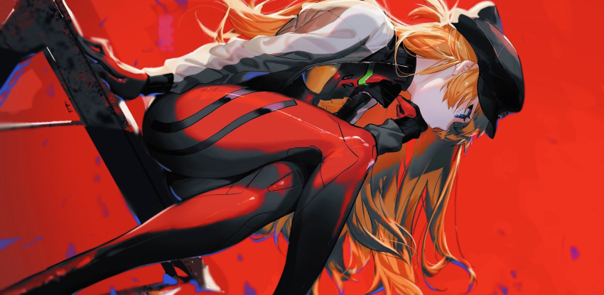 1girl blue_eyes closed_mouth crossed_legs hat highres jacket long_hair looking_to_the_side neon_genesis_evangelion open_clothes open_jacket orange_hair plugsuit rebuild_of_evangelion rinkai_(rinrinkirin) shikinami_asuka_langley solo souryuu_asuka_langley