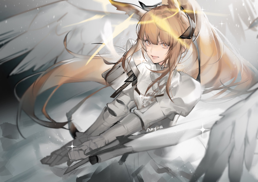 1girl absurdres aniao_ya animal_ears arknights bangs blemishine_(arknights) blonde_hair commentary_request cowboy_shot highres long_hair open_mouth sidelocks solo v-shaped_eyebrows very_long_hair yellow_eyes