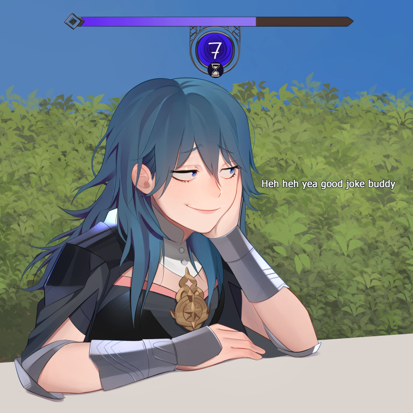 1girl armor blue_eyes blue_hair english_commentary english_text eyebrows_visible_through_hair fire_emblem fire_emblem:_three_houses hair_between_eyes highres lavelis outdoors sitting smirk solo table upper_body