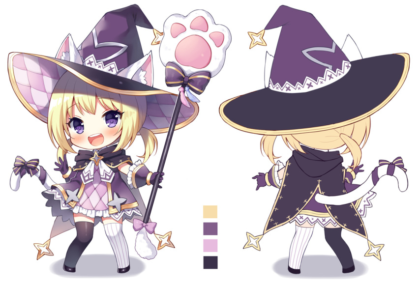 1girl :d animal_ear_fluff animal_ears argyle argyle_dress bangs black_cape black_footwear black_legwear blonde_hair blush bow cape cat_ears cat_girl cat_tail chibi color_guide commentary_request dress ears_through_headwear eyebrows_visible_through_hair gloves hat holding holding_staff long_hair looking_at_viewer lumia_saga mauve mismatched_legwear multiple_views open_mouth purple_background purple_dress purple_gloves purple_headwear shadow shoes smile staff standing striped striped_bow striped_legwear tail tail_bow tail_raised thigh-highs twintails upper_teeth vertical-striped_legwear vertical_stripes violet_eyes white_background white_legwear witch_hat