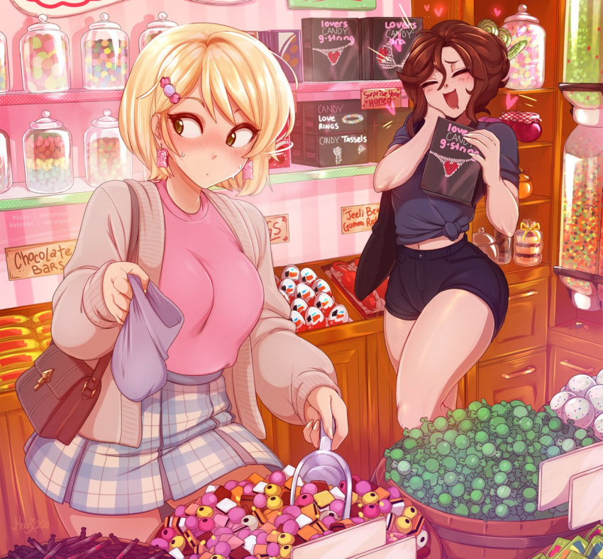 2girls :d ^_^ artist_name bag beige_jacket black_shirt black_shorts blonde_hair blush borrowed_character brown_eyes brown_hair candy candy_hair_ornament closed_eyes commentary earrings english_commentary english_text food food_themed_hair_ornament hair_ornament hairclip hand_on_own_cheek highres indoors jar jewelry kinder_surprise lollipop long_sleeves looking_away merunyaa multiple_girls nose_blush open_mouth original pink_shirt plaid plaid_skirt sammy_(bestsammy) shirt short_hair shorts shoulder_bag signature skirt smile sweets swirl_lollipop tied_shirt watermark yellow_eyes