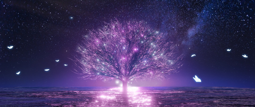 bare_tree bug butterfly gan-viking highres horizon insect light_particles night night_sky no_humans ocean original outdoors scenery sky star_(sky) starry_sky tree