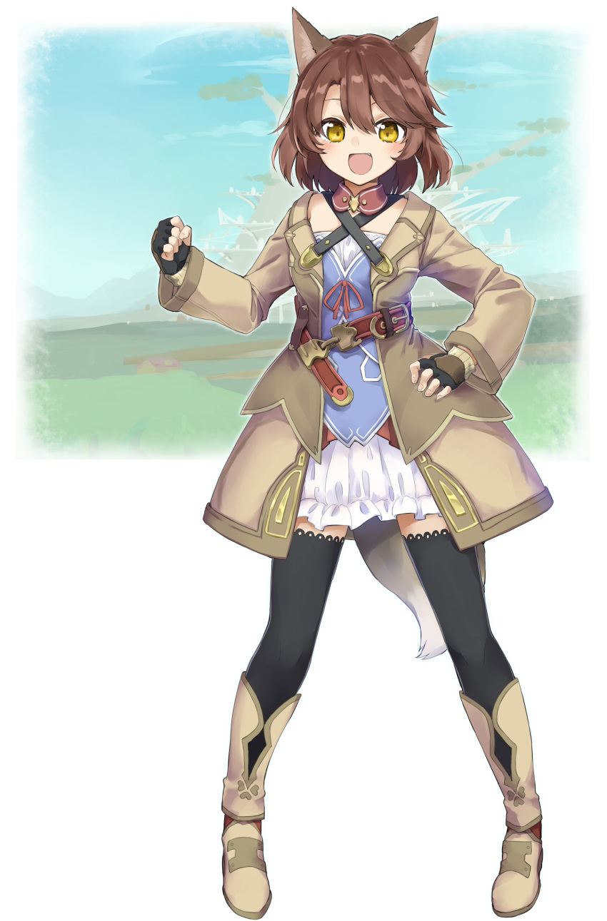 1girl :d absurdres amane_rosylily animal_ears bangs black_gloves black_legwear boots breasts brown_coat brown_collar brown_eyes brown_footwear brown_hair coat collar commentary_request criss-cross_halter detached_collar dress eyebrows_visible_through_hair fingerless_gloves fox_ears fox_girl fox_tail full_body gloves hair_between_eyes halterneck hand_on_hip highres knee_boots long_sleeves looking_at_viewer open_clothes open_coat open_mouth original red_ribbon ribbon sekira_ame short_hair small_breasts smile solo standing tail thigh-highs thighhighs_under_boots white_dress