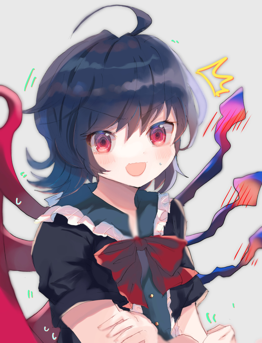 1girl @_@ ahoge asymmetrical_wings bangs black_dress black_hair blue_wings blush body_blush bow bowtie buttons center_frills commentary_request crossed_arms dress eyebrows_visible_through_hair frilled_dress frills hair_between_eyes highres houjuu_nue ke-a-ru looking_at_viewer notice_lines open_mouth red_bow red_eyes red_neckwear red_wings short_hair short_sleeves simple_background solo sweat touhou upper_body wavy_mouth wings