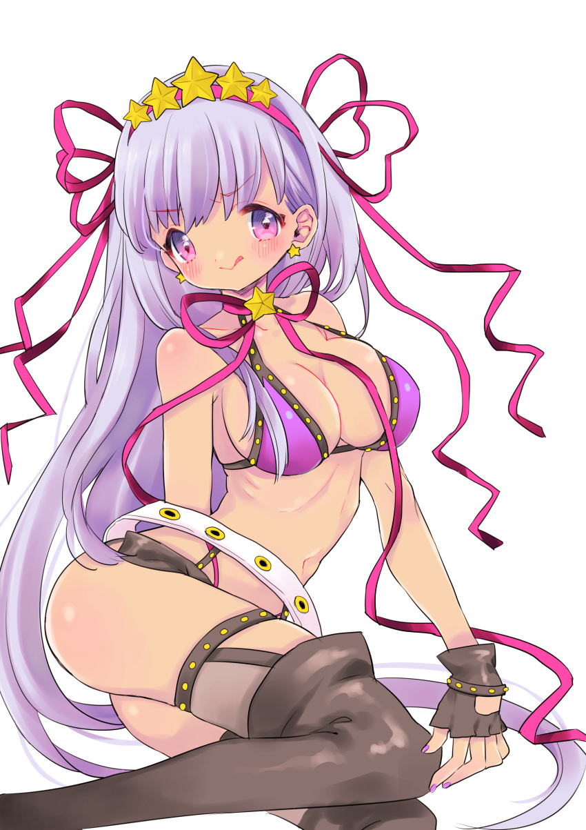 1girl :q absurdres bb_(fate)_(all) bb_(swimsuit_mooncancer)_(fate) bikini bikini_top black_gloves blush boots breasts commentary_request earrings fate/grand_order fate_(series) fingerless_gloves gloves hair_ornament hair_ribbon highres jewelry large_breasts long_hair looking_at_viewer maitou nail_polish navel neck_ribbon purple_bikini purple_hair purple_nails ribbon simple_background sitting solo star_(symbol) star_earrings star_hair_ornament swimsuit thigh-highs thigh_boots tongue tongue_out very_long_hair violet_eyes white_background yokozuwari