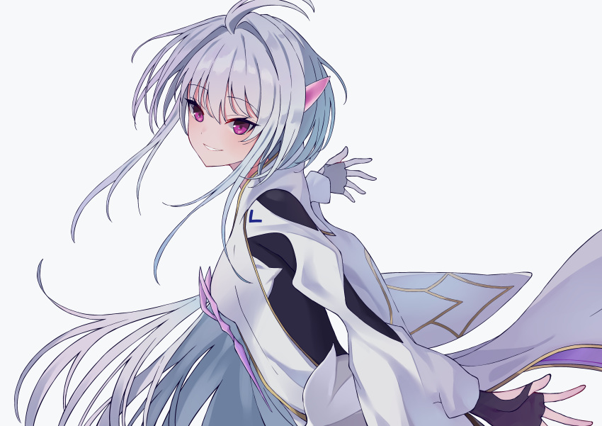 1girl absurdres ahoge bangs black_gloves breasts fate/grand_order fate/prototype fate_(series) fingerless_gloves gloves highres long_hair long_sleeves looking_at_viewer medium_breasts merlin_(fate/prototype) pillow_(blackpirou) smile very_long_hair violet_eyes white_hair white_robe wide_sleeves