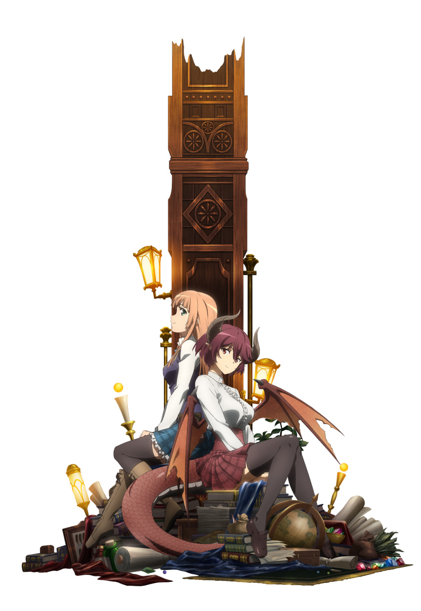 2girls absurdres anne_(shingeki_no_bahamut) artist_request blonde_hair breasts grea_(shingeki_no_bahamut) highres horns long_sleeves looking_at_viewer looking_away manaria_friends multiple_girls purple_hair shingeki_no_bahamut simple_background sitting skirt tail thigh-highs white_background wings