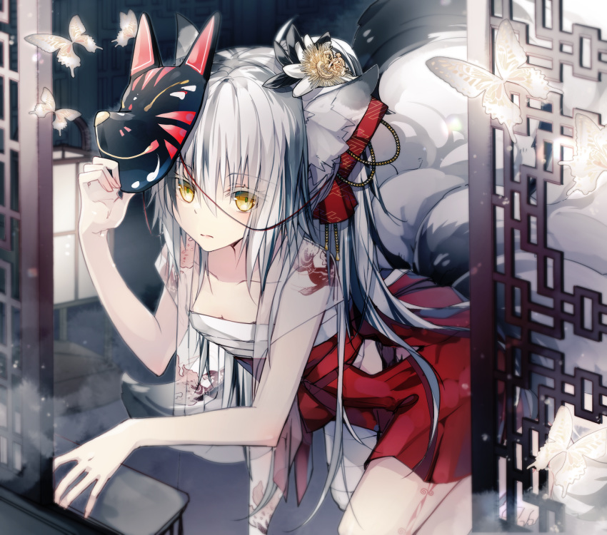 1girl animal_ears bandaged_leg bandages bangs breasts bug butterfly collarbone feet_out_of_frame fox_ears fox_girl fox_mask fox_tail grey_hair hair_between_eyes hair_ornament hakama highres holding holding_mask insect japanese_clothes kneeling leg_tattoo long_hair mask mask_on_head multiple_tails numi_(sin) original red_hakama sarashi small_breasts solo tail tattoo yellow_eyes