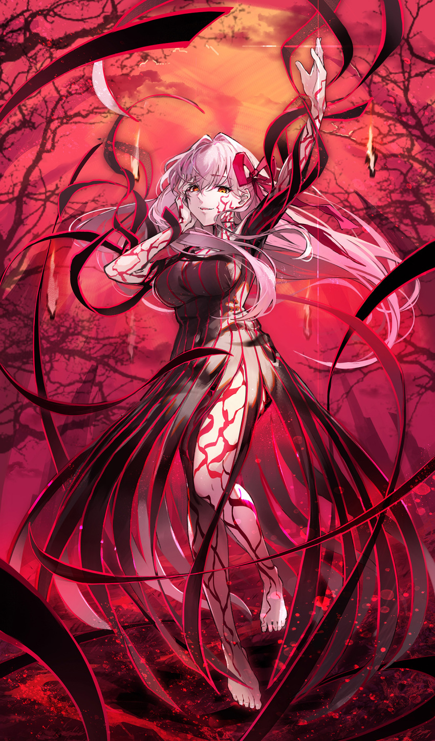 1girl baisi_shaonian bare_legs barefoot body_markings corruption dark_persona dark_sakura dress_of_heaven fate/stay_night fate_(series) feet hair_ribbon heaven's_feel highres long_hair matou_sakura orange_eyes red_ribbon ribbon smile violet_eyes white_hair