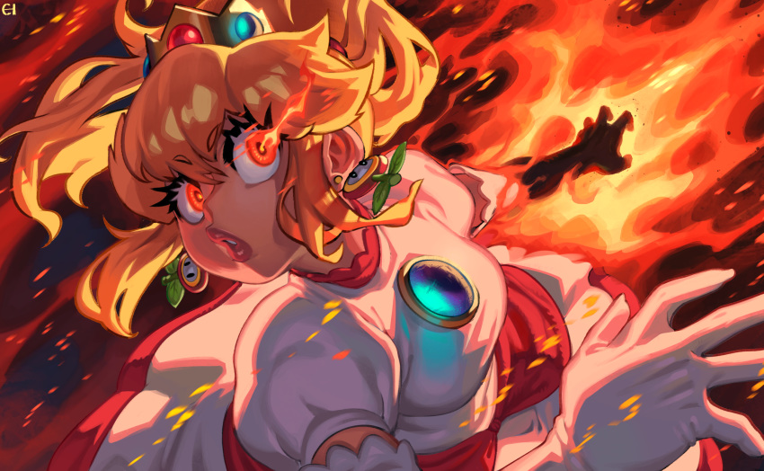 1girl alternate_color blonde_hair brooch crown dark_background dress earrings eigaka element_bending embers eyebrows_visible_through_hair eyelashes fire fire_flower flaming_hand gloves glowing glowing_eyes highres jewelry super_mario_bros. mini_crown o3o orange_eyes parted_lips ponytail princess_peach solo super_mario_bros. upper_body white_dress white_gloves