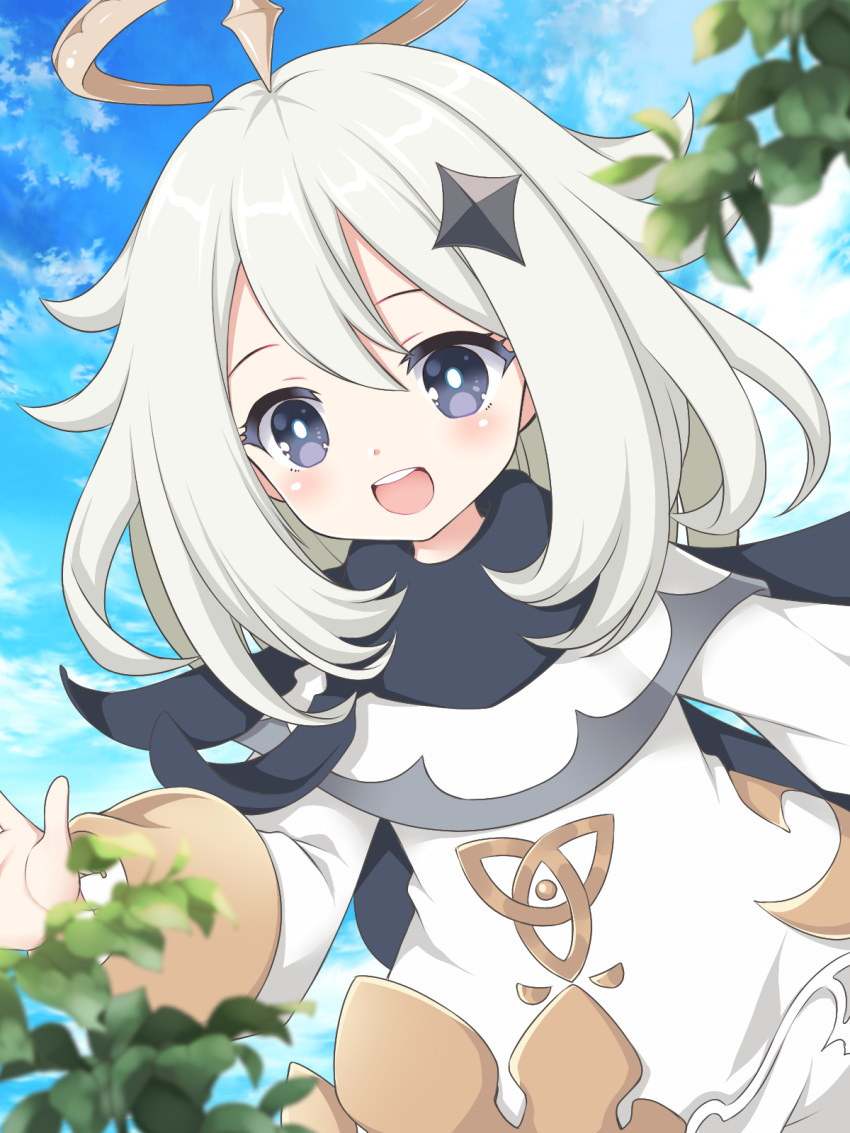 1girl :d ayamisiro bangs black_cape blue_sky blush cape clouds commentary_request cute day dress eyebrows_visible_through_hair genshin_impact grey_eyes grey_hair hair_between_eyes halo highres loli long_hair long_sleeves mihoyo_technology_(shanghai)_co._ltd. open_mouth outdoors paimon_(genshin_impact) puffy_long_sleeves puffy_sleeves round_teeth sky smile solo teeth upper_teeth white_dress