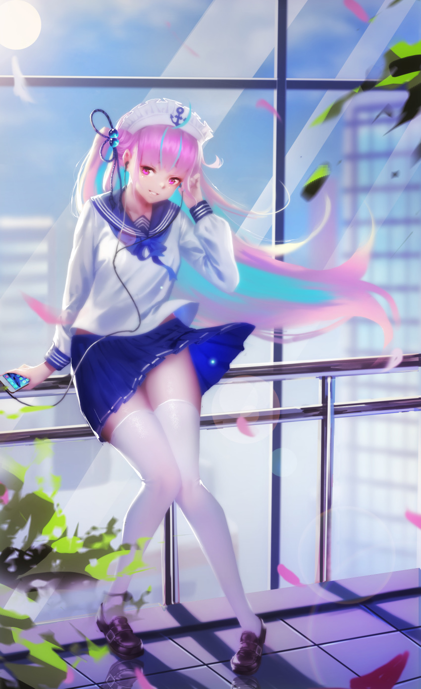 1girl :d absurdres cellphone earphones highres hololive iphone long_sleeves maid_headdress minato_aqua open_mouth petals phone purple_hair sailor_collar school_uniform shoes skirt smartphone smile solo thigh-highs tupiao_shaonu violet_eyes virtual_youtuber white_legwear window