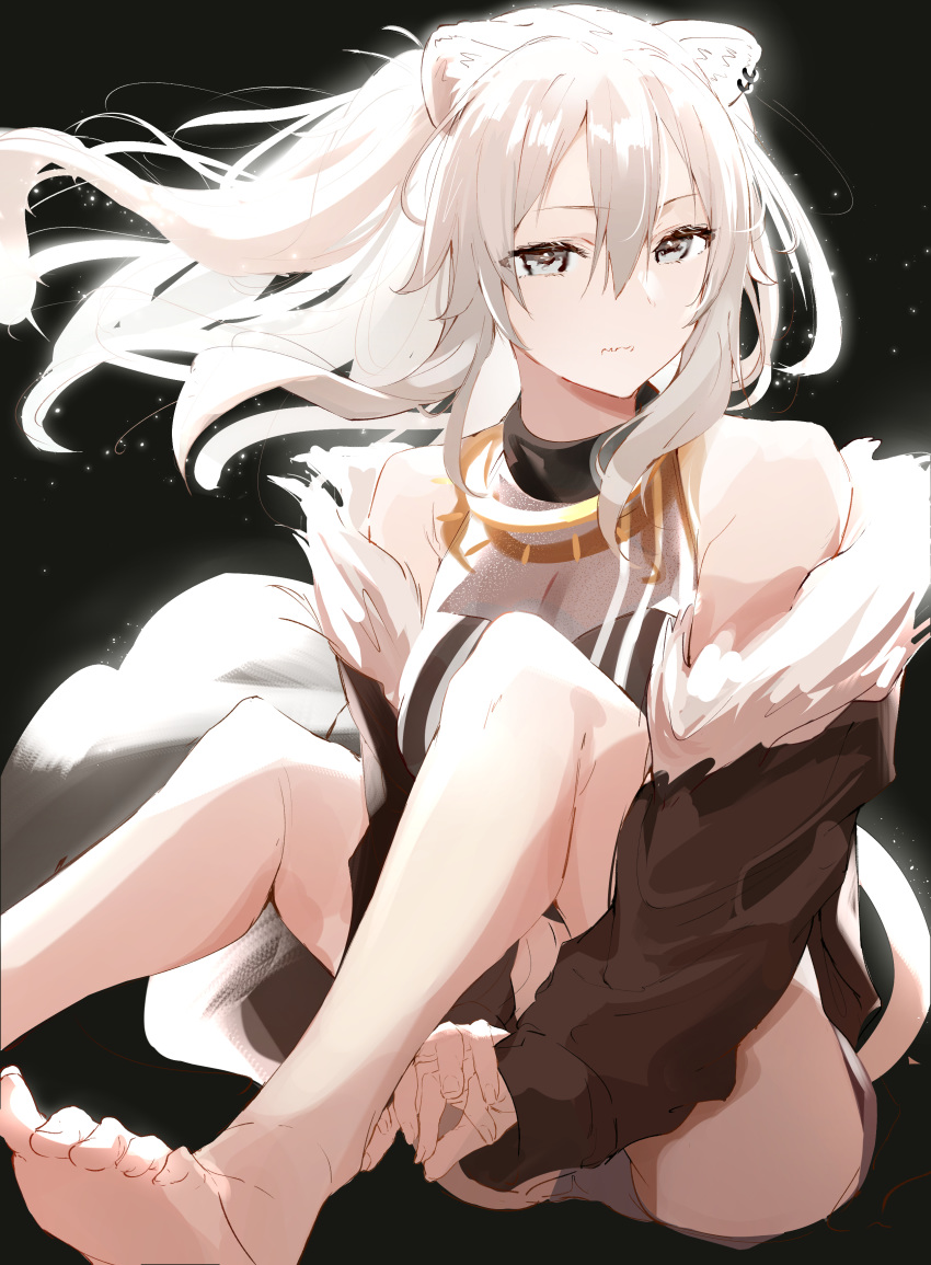 1girl absurdres ahoge animal_ears bare_shoulders barefoot blush breasts dogxfish earrings floating_hair fur-trimmed_jacket fur_trim grey_eyes grey_hair hair_between_eyes highres hololive jacket jewelry large_breasts lion_ears lion_girl long_hair looking_at_viewer necklace shirt shishiro_botan sitting skirt solo thighs virtual_youtuber wavy_mouth wind