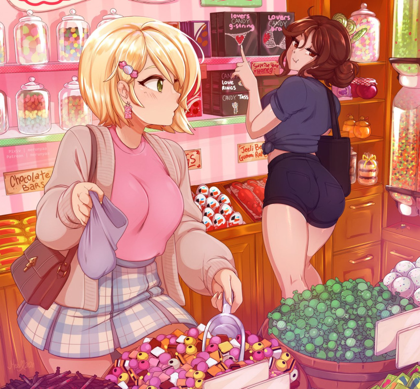 2girls artist_name bag beige_jacket black_shirt black_shorts blonde_hair borrowed_character brown_eyes brown_hair candy candy_hair_ornament commentary earrings english_commentary english_text food food_themed_hair_ornament hair_bun hair_ornament hairclip highres indoors jar jewelry kinder_surprise lollipop long_sleeves looking_at_another merunyaa multiple_girls original pink_shirt plaid plaid_skirt pointing sammy_(bestsammy) shirt short_hair shorts shoulder_bag signature skirt sweets swirl_lollipop tied_shirt watermark yellow_eyes