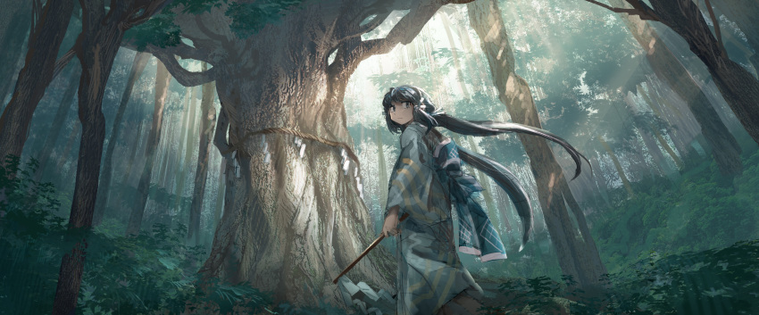 1girl absurdres bad_id bad_pixiv_id blue_sash closed_mouth day forest gohei green_eyes green_hair highres japanese_clothes kimono leaf left-handed light_rays long_hair looking_at_viewer nature obi original outdoors plant rope sash scenery shichigatsu shide shimenawa solo sunbeam sunlight tree twintails very_long_hair yayoi_(shichigatsu)