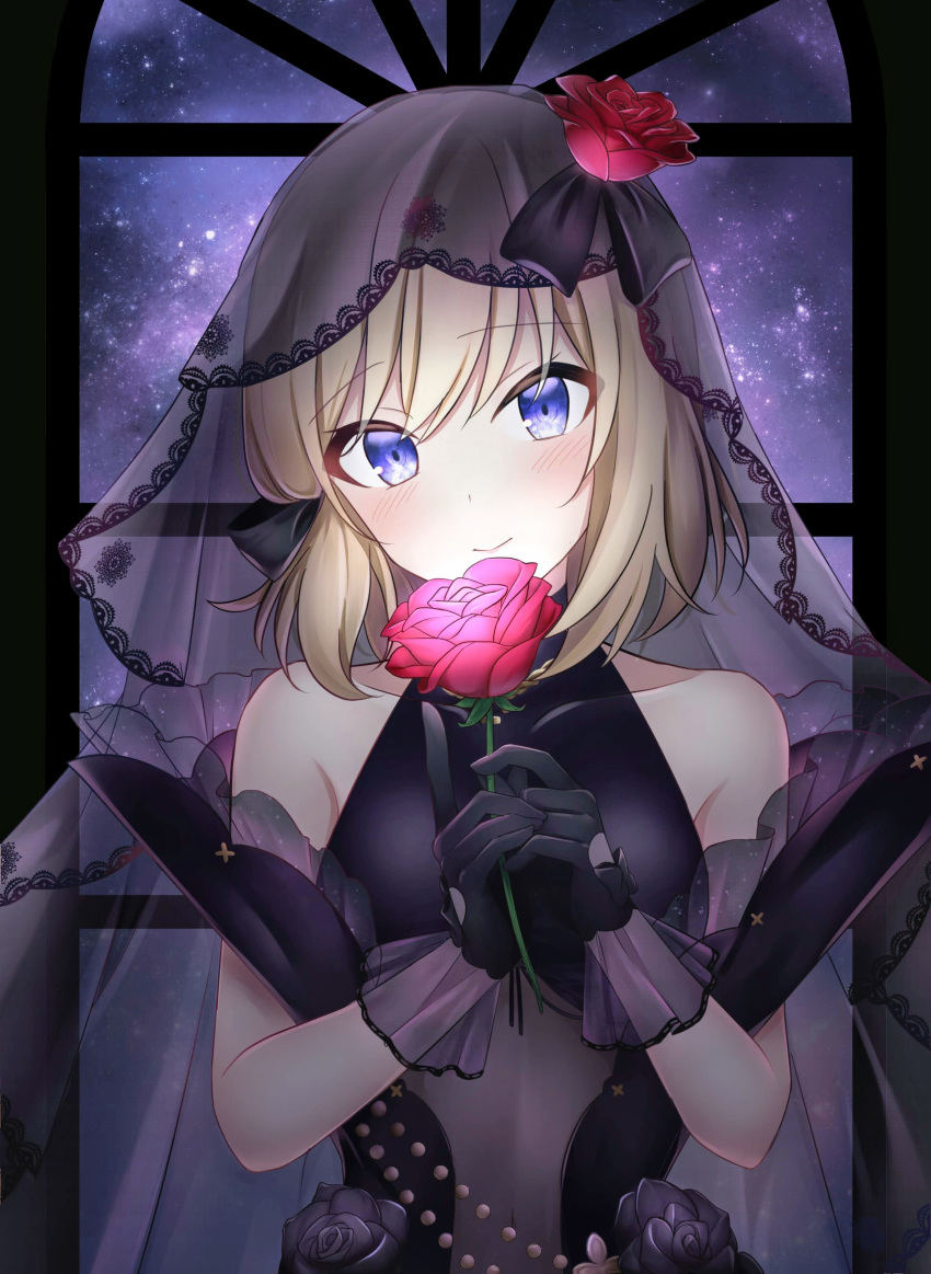 1girl absurdres azur_lane bangs bare_shoulders black_dress black_gloves blonde_hair blue_eyes blush bridal_veil commentary_request dress flower gloves highres jyu-so looking_at_viewer rose short_hair sleeveless smile solo veil wedding_dress z23_(azur_lane) z23_(schwarze_hochzeit)_(azur_lane)