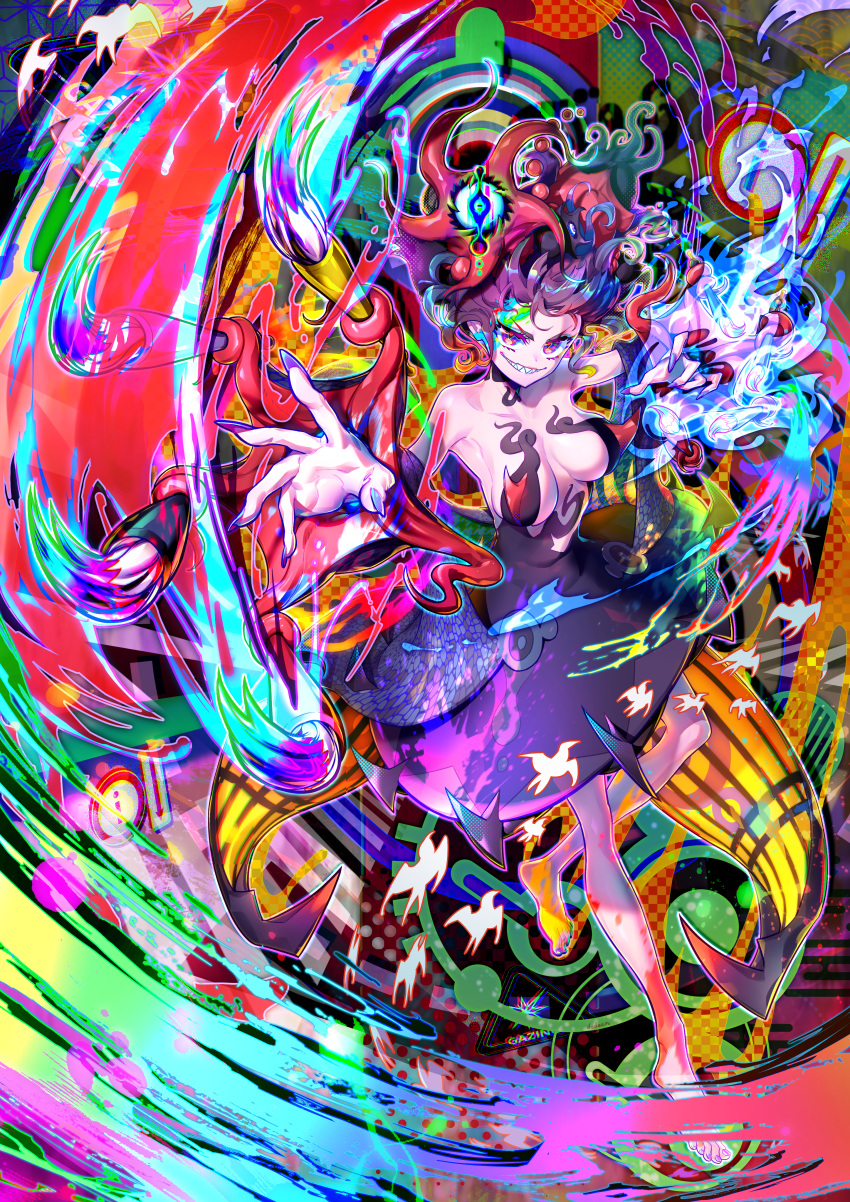 &gt;:q 1girl absurdres aura bare_shoulders barefoot breasts colorful dedeen evil_grin evil_smile extra_eyes fate/grand_order fate_(series) fingernails furrowed_eyebrows grin highres huge_filesize katsushika_hokusai_(fate/grand_order) large_breasts looking_at_viewer multicolored multicolored_background purple_hair sharp_teeth smile teeth tokitarou_(fate/grand_order) violet_eyes