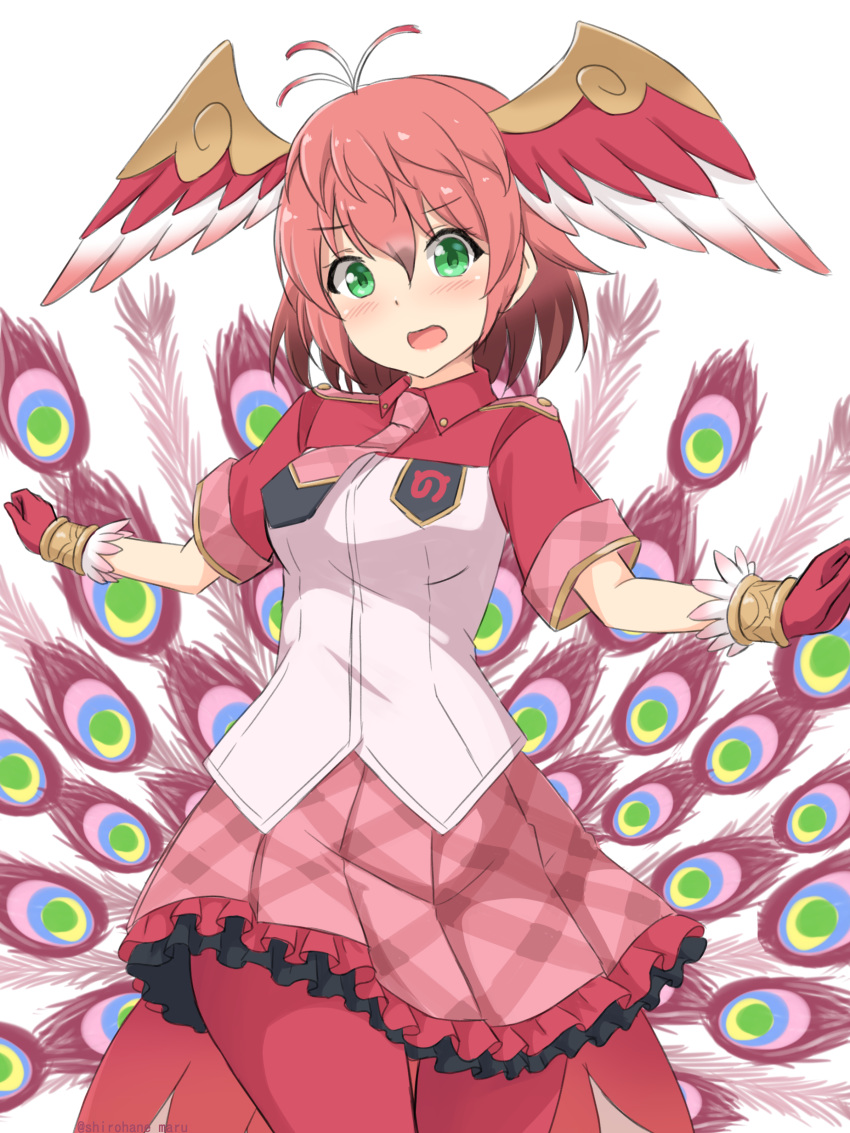 1girl absurdres antenna_hair bangs bird_girl bird_tail bird_wings collared_shirt cowboy_shot epaulettes eyebrows_visible_through_hair frilled_skirt frills gloves green_eyes hair_between_eyes head_wings highres japari_symbol kemono_friends necktie open_mouth pantyhose peacock_feathers plaid plaid_neckwear plaid_skirt pleated_skirt red_gloves red_legwear red_neckwear red_shirt red_skirt redhead shiraha_maru shirt short_hair short_sleeves simple_background skirt solo suzaku_(kemono_friends) two-tone_shirt white_background white_shirt wings