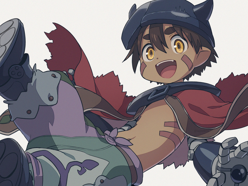1boy :d body_markings brown_hair cape commentary_request dark_skin dark_skinned_male facial_mark happy helmet horned_helmet looking_at_viewer made_in_abyss male_focus mechanical_arms mechanical_legs navel open_mouth pants pointy_ears puffy_pants red_cape regu_(made_in_abyss) sayshownen shirtless short_hair simple_background smile solo torn_cape torn_clothes upper_teeth white_background yellow_eyes