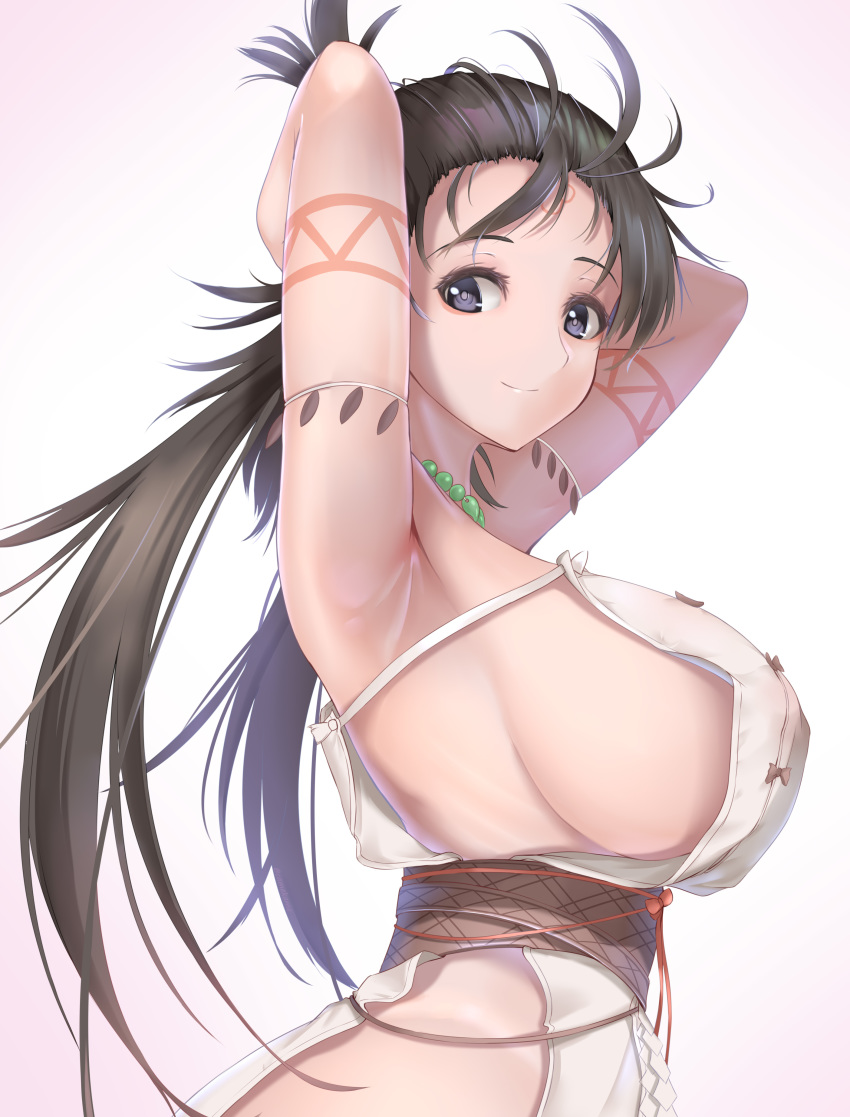 1girl absurdres bare_shoulders body_markings breasts brown_eyes brown_hair dress facial_mark fate/grand_order fate_(series) forehead forehead_mark highres himiko_(fate) kamehito large_breasts long_hair looking_at_viewer magatama magatama_necklace sash side_slit sideboob thighs topknot twintails white_dress
