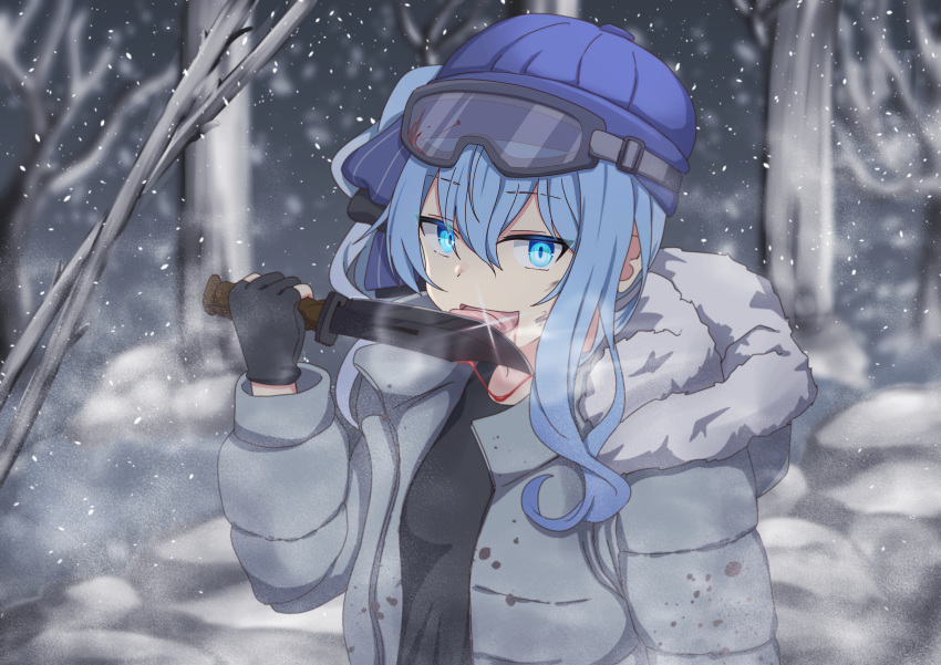 absurdres bangs blood blood_trail bloody_clothes blue_eyes blue_hair coat eyebrows eyebrows_visible_through_hair gloves hair_between_eyes hair_ribbon hat highres hololive hoshimachi_suisei jacket knife licking licking_weapon looking_at_viewer micon open_clothes open_jacket project_winter ribbon ski_goggles snow tongue tongue_out virtual_youtuber