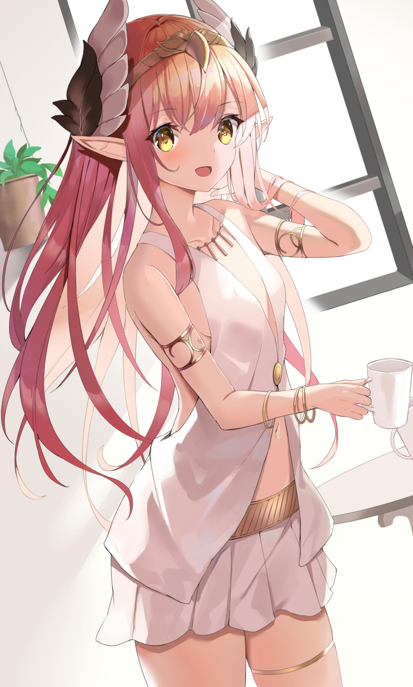 1girl :d armlet blush bracelet breasts circe_(fate/grand_order) circlet cowboy_shot cup fate_(series) feathers hair_feathers hair_flowing_over highres jewelry long_hair navel open_mouth pink_hair plant pleated_skirt pointy_ears potted_plant sideboob skirt small_breasts smile solo table thigh_strap tsukise_miwa white_skirt window
