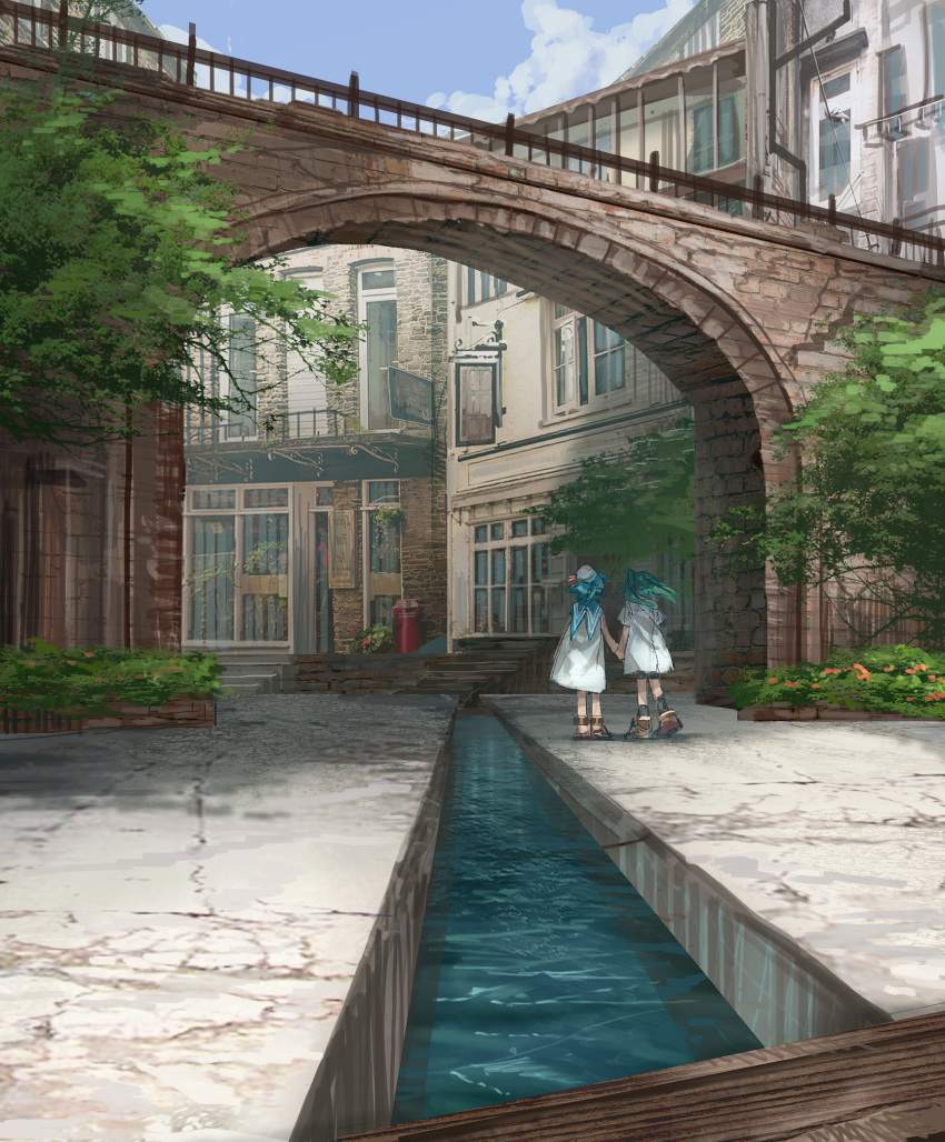 2girls akari_(shichigatsu) ankle_boots arch bad_id bad_pixiv_id bike_shorts blue_hair boots bridge building bush clouds coat day dress from_behind green_hair hat highres holding_hands kneehighs long_hair multiple_girls original outdoors road sailor_collar sailor_dress sandals scenery shichigatsu short_hair sky sou_(shichigatsu) street tree urban water white_dress