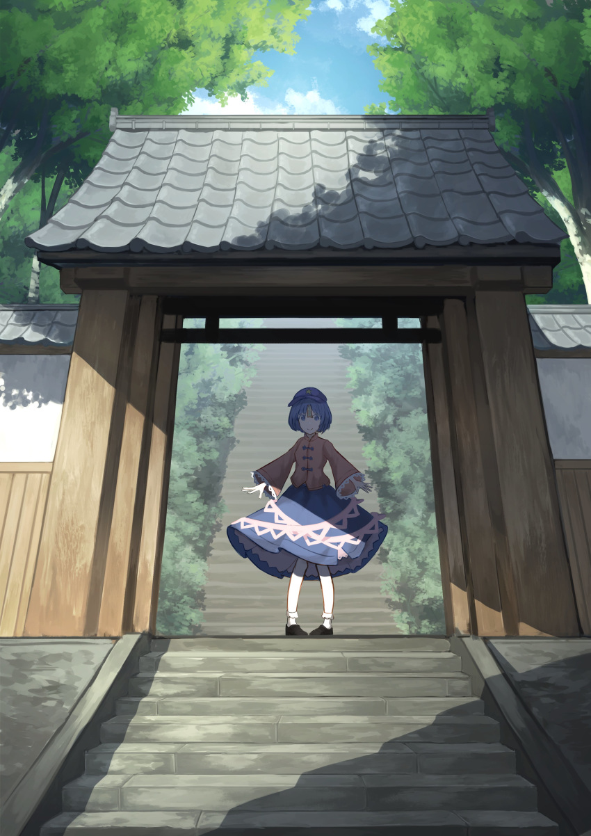 1girl absurdres architecture bangs black_footwear blue_eyes blue_hair blue_skirt bush cabbie_hat clouds cloudy_sky collared_shirt commentary_request cover cover_page doujin_cover east_asian_architecture forest frilled_skirt frills gate hat highres jiangshi lace-trimmed_sleeves lace_trim long_sleeves mittu_mittu33 miyako_yoshika nature ofuda outdoors outstretched_arms popped_collar purple_headwear red_shirt scenery shadow shirt short_hair skirt sky smile socks solo stairs standing star_(symbol) stone_stairs tiles touhou tree white_legwear wide_sleeves wooden_wall