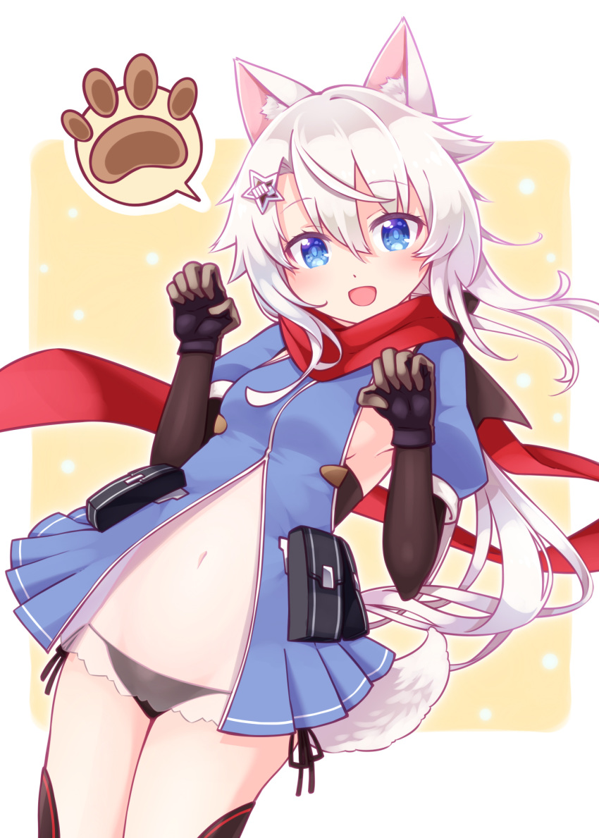 1girl 9a-91_(girls_frontline) :d animal_ears bangs black_gloves black_panties black_sleeves blue_dress blue_eyes breasts brown_background commentary_request dog_ears dog_girl dog_tail dress eyebrows_visible_through_hair girls_frontline gloves hair_between_eyes hair_ornament hands_up highres kemonomimi_mode long_hair long_sleeves looking_at_viewer navel open_mouth panties paw_pose pleated_dress puffy_short_sleeves puffy_sleeves red_scarf sansei_rain scarf see-through short_over_long_sleeves short_sleeves side-tie_panties silver_hair small_breasts smile solo star_(symbol) star_hair_ornament tail two-tone_background underwear very_long_hair white_background