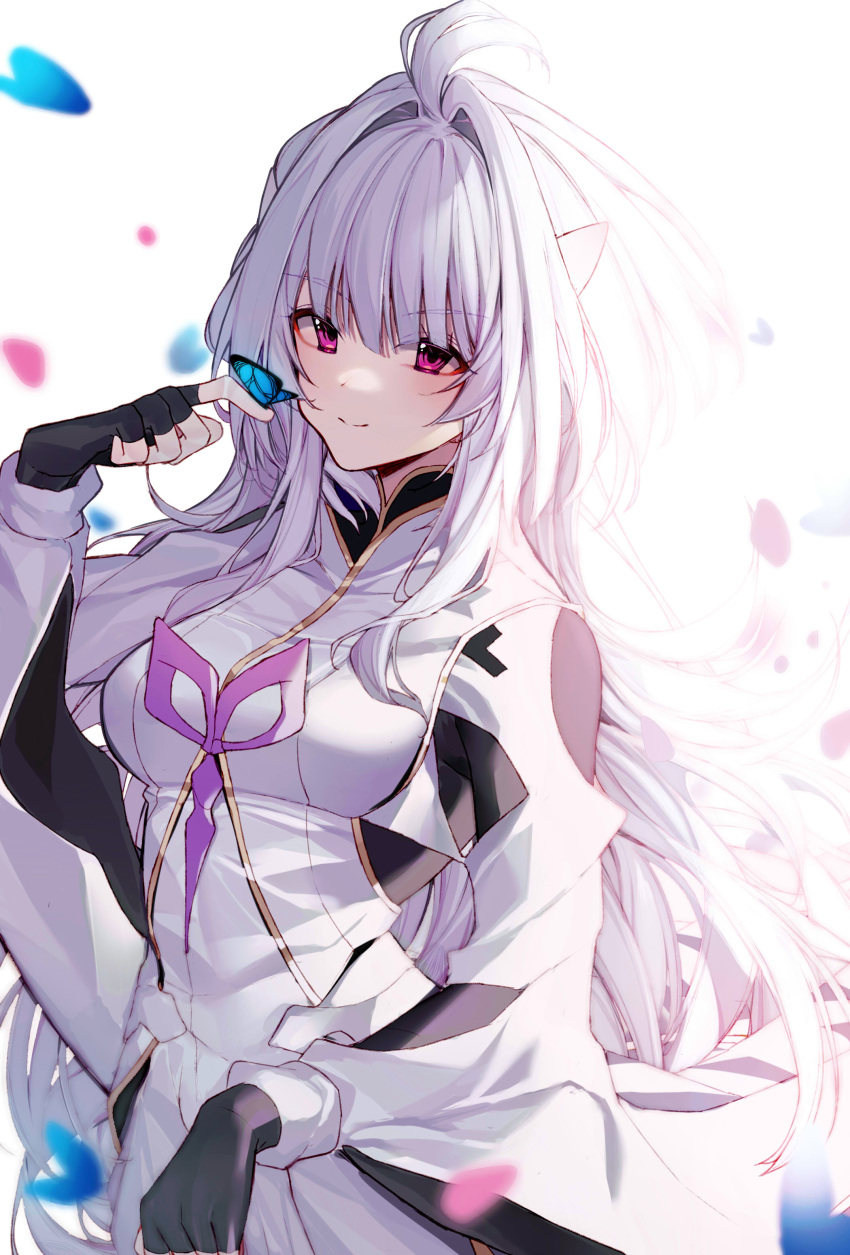 1girl absurdres ahoge artist_request bangs black_gloves breasts bug butterfly fate/grand_order fate/prototype fate_(series) fingerless_gloves gloves highres insect long_hair long_sleeves looking_at_viewer medium_breasts merlin_(fate/prototype) petals smile very_long_hair violet_eyes white_hair white_robe wide_sleeves