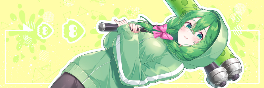 1girl :3 bangs black_pants blush bow braid breasts chitetan closed_mouth commentary_request dutch_angle dynamo_roller_(splatoon) eyebrows_visible_through_hair green_eyes green_hair green_jacket hair_between_eyes hair_bow holding hood hood_up hooded_jacket jacket long_sleeves medium_breasts original outline pants pink_bow puffy_long_sleeves puffy_sleeves sleeves_past_wrists solo splatoon_(series) two-handed white_outline