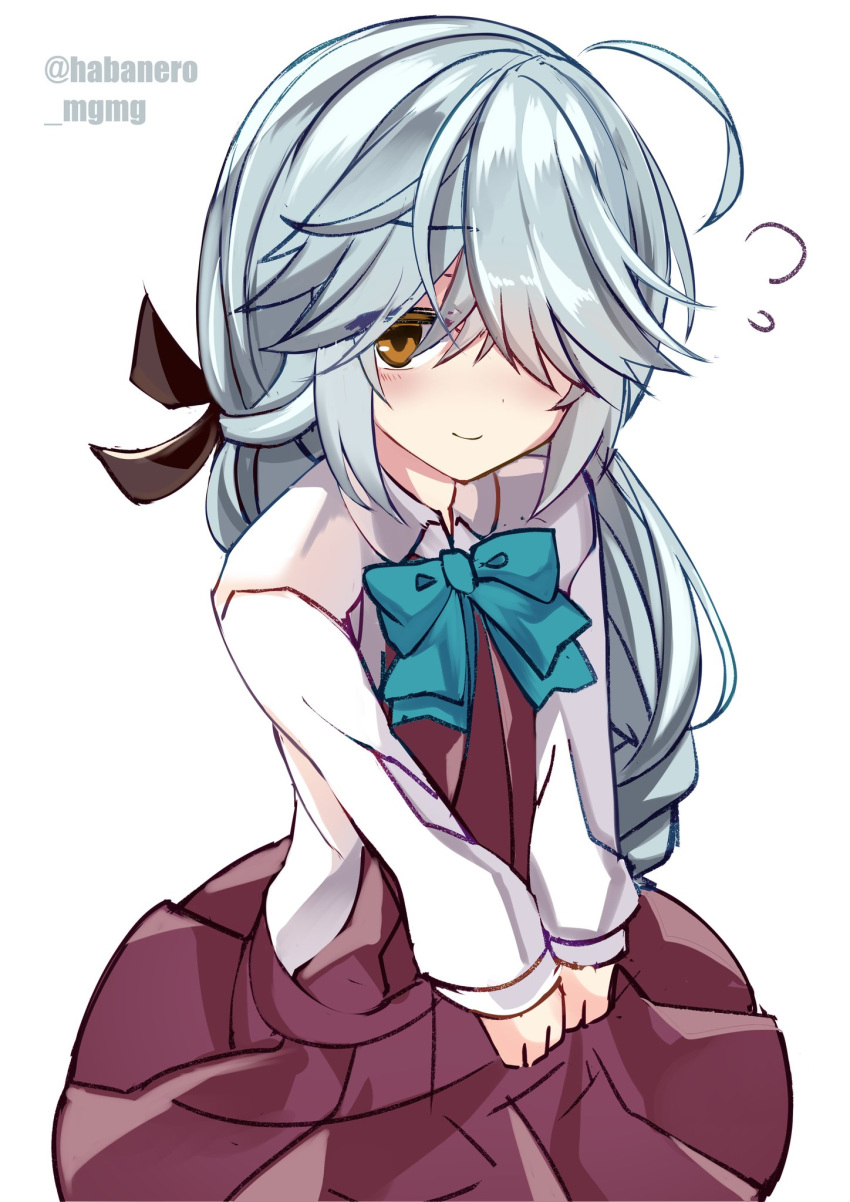 1girl ahoge black_ribbon braid brown_eyes cowboy_shot dress fathom grey_hair hair_over_eyes hair_ribbon hamanami_(kantai_collection) highres kantai_collection long_hair long_sleeves looking_at_viewer pleated_dress purple_dress ribbon school_uniform shirt simple_background single_braid solo twitter_username white_background white_shirt