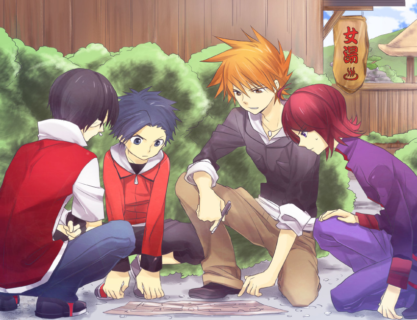 4boys ahoge black_footwear black_hair black_jacket blue_oak brown_pants bush capri_pants closed_mouth clouds commentary_request day ethan_(pokemon) fingerless_gloves gloves holding holding_pen jacket jewelry kneeling kuronomine long_sleeves male_focus multiple_boys necklace orange_hair outdoors pants parted_lips pen pixiv_red pokemon pokemon_(game) pokemon_hgss purple_jacket purple_pants redhead shoes short_sleeves sign silver_(pokemon) sky sleeves_rolled_up spiky_hair squatting