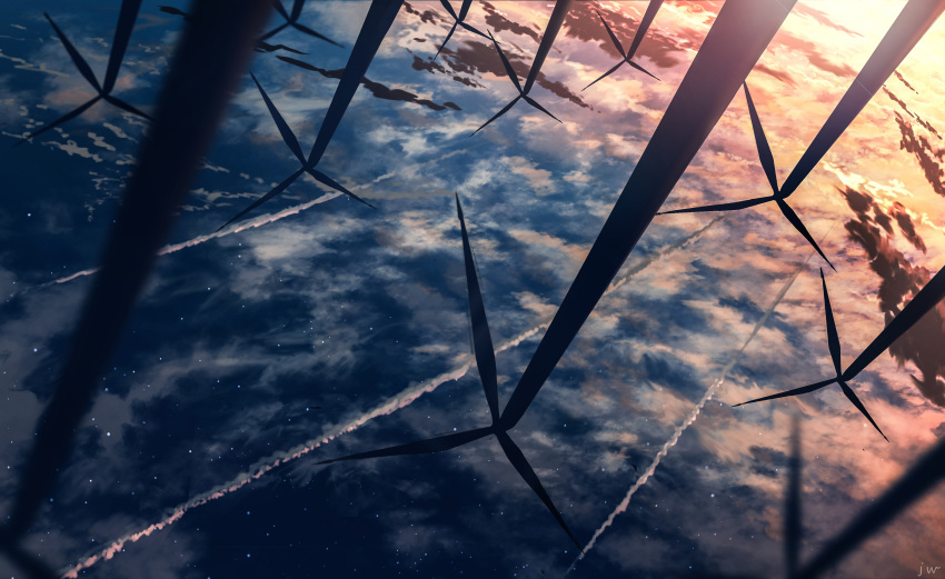 absurdres clouds cloudy_sky commentary_request highres night night_sky no_humans ocean original scenery signature sky skyrick9413 sunlight upside-down wind_turbine windmill