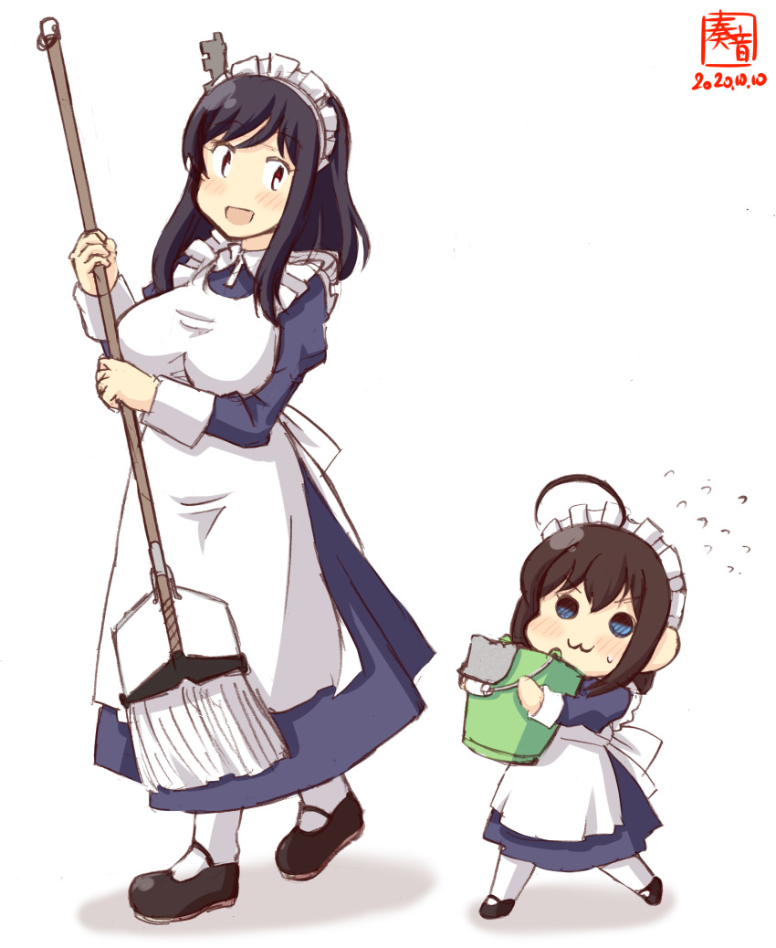 2girls :3 absurdres ahoge alternate_costume apron artist_logo black_footwear black_hair blue_eyes brown_hair bucket child commentary_request dated dress enmaided frilled_headband hair_ornament highres holding holding_mop kanon_(kurogane_knights) kantai_collection long_sleeves looking_at_another maid maid_apron maid_dress maid_headdress mary_janes mop multiple_girls open_mouth rag red_eyes shigure_(kantai_collection) shoes short_hair simple_background smile thigh-highs walking white_apron white_background white_legwear yamashiro_(kantai_collection) younger