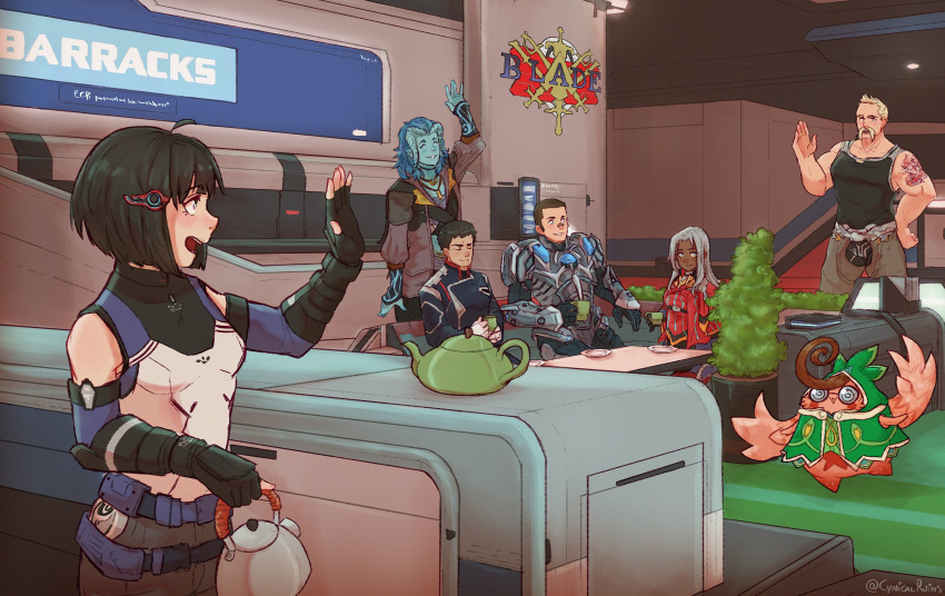 2girls 4boys :d armor aurora_(cynicalruins) bare_shoulders black_hair blonde_hair blue_hair blue_skin closed_eyes coke-bottle_glasses couch cup doug_barrett elbow_gloves elma_(xenoblade_x) facial_hair glasses gloves hair_ornament hairpin happy highres holding holding_cup indoors l'cirufe lin_lee_koo multiple_boys multiple_girls mustache nagi_kentarou nopon open_mouth plant potted_plant sitting smile table tatsu_(xenoblade_x) tattoo teacup teapot vandham_(xenoblade_x) waving white_hair xenoblade_chronicles_(series) xenoblade_chronicles_x