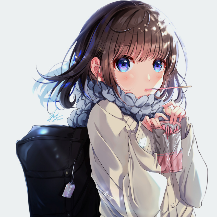 1girl absurdres bag bangs blue_eyes blush brown_hair cardigan eyebrows_visible_through_hair food grey_cardigan grey_scarf hair_ornament hairclip highres holding long_hair long_sleeves looking_at_viewer mouth_hold original pocky scarf school_bag simple_background sleeves_past_wrists solo takuki_takuki upper_body white_background