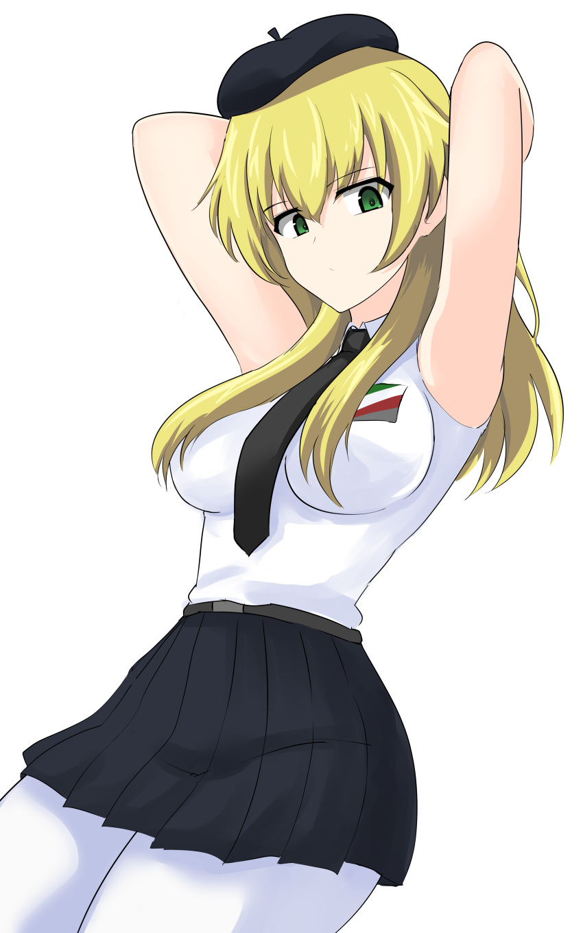 1girl absurdres aikir_(jml5160) anzio_(emblem) anzio_school_uniform armpits arms_behind_head beret black_headwear black_neckwear black_skirt blonde_hair breasts carpaccio_(girls_und_panzer) dutch_angle emblem from_behind girls_und_panzer green_eyes hat highres large_breasts long_hair school_uniform shirt sidelocks skirt sleeveless solo white_background white_legwear white_shirt