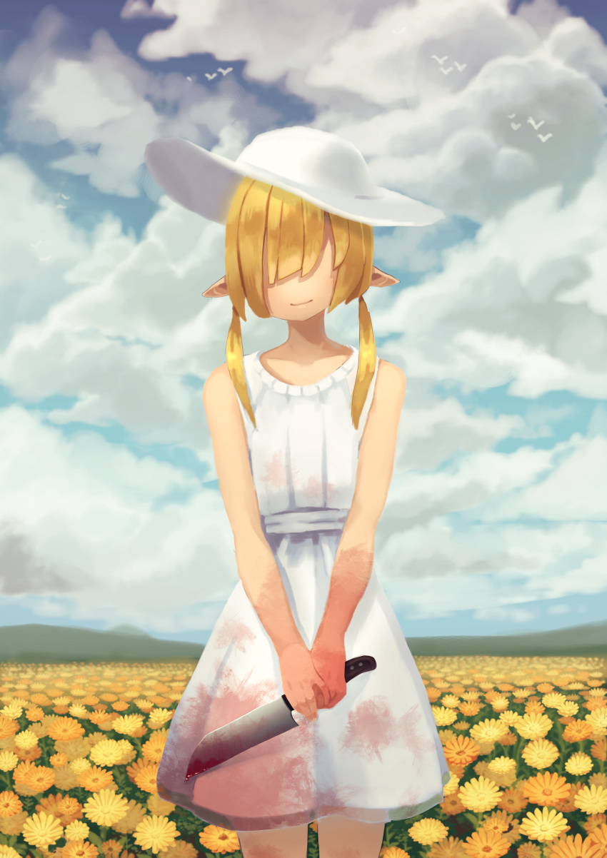 1girl absurdres bird blood bloody_clothes bloody_weapon closed_mouth clouds cloudy_sky covered_eyes day dress facing_viewer field flower flower_field hair_over_eyes hat highres holding holding_knife knife low_twintails okame_nin orange_flower original outdoors pointy_ears short_dress sky smile solo standing sun_hat sundress twintails weapon white_dress white_headwear yellow_flower