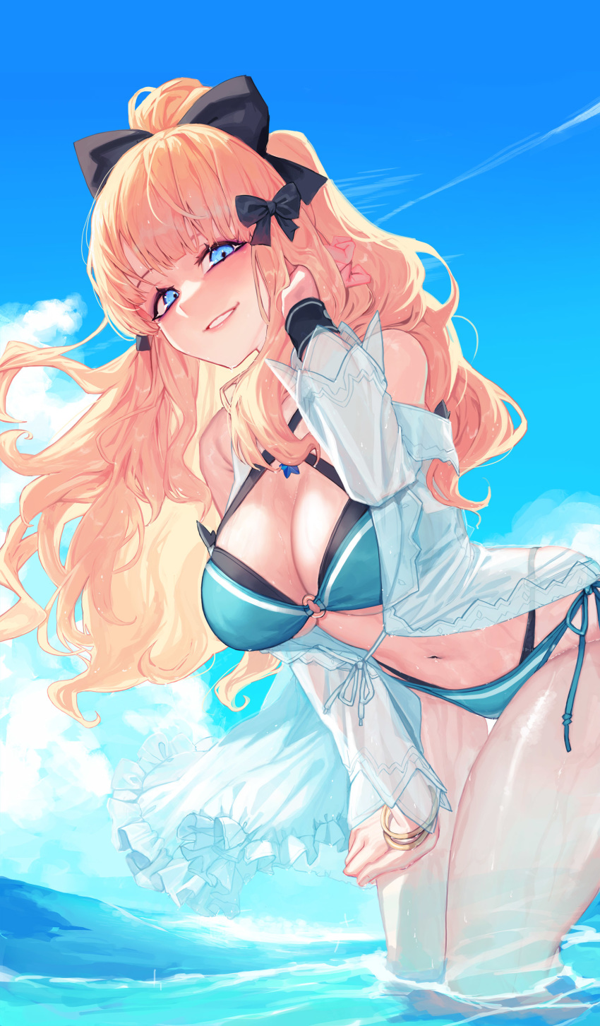 1girl absurdres bangs bikini black_bow blonde_hair blue_eyes blush bow breasts elf eyebrows_visible_through_hair flower hair_bow hair_flower hair_ornament highres large_breasts long_hair looking_at_viewer navel open_mouth pointy_ears ponytail princess_connect! princess_connect!_re:dive saren_(princess_connect!) smile solo swimsuit tunamayo_(dsasd751)