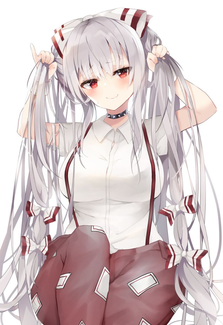 1girl arms_up bangs blush bow breasts choker closed_mouth commentary_request cowboy_shot eyebrows_visible_through_hair fang fujiwara_no_mokou furrowed_eyebrows hair_bow hand_in_hair highres hiiro60 holding holding_hair large_breasts long_hair ofuda pants pinky_out red_eyes red_pants shirt silver_hair simple_background sitting skin_fang smile solo spiked_choker spikes suspenders touhou two-tone_bow two_side_up very_long_hair white_background white_shirt