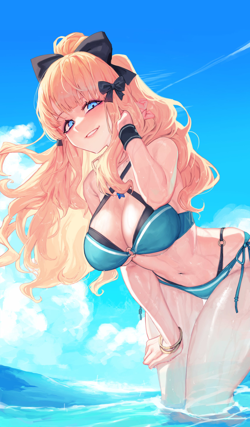 1girl absurdres bangs bikini black_bow blonde_hair blue_eyes blush bow breasts elf eyebrows_visible_through_hair flower hair_bow hair_flower hair_ornament highres large_breasts long_hair looking_at_viewer navel open_mouth pointy_ears ponytail princess_connect! princess_connect!_re:dive saren_(princess_connect!) smile solo swimsuit tunamayo_(dsasd751)