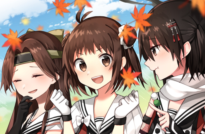 3girls :d :t autumn autumn_leaves brown_eyes brown_hair closed_eyes dango day eating elbow_gloves falling_leaves food gloves highres holding holding_food jintsuu_(kantai_collection) kantai_collection katsuobushi_(eba_games) leaf long_hair looking_at_another maple_leaf multiple_girls naka_(kantai_collection) open_mouth outdoors remodel_(kantai_collection) scarf school_uniform sendai_(kantai_collection) serafuku short_hair smile wagashi white_scarf