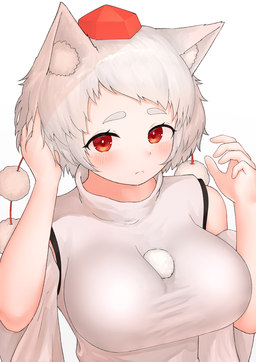 1girl :c absurdres animal_ear_fluff animal_ears bangs bare_shoulders black_bra blush bra bra_peek breasts detached_sleeves english_commentary hand_in_hair hat highres impossible_clothes impossible_shirt inubashiri_momiji large_breasts looking_at_viewer pom_pom_(clothes) red_eyes shirt short_hair sleeveless sleeveless_shirt solo swept_bangs take_(take143000) tokin_hat touhou turtleneck underwear upper_body white_background white_hair white_shirt wolf_ears