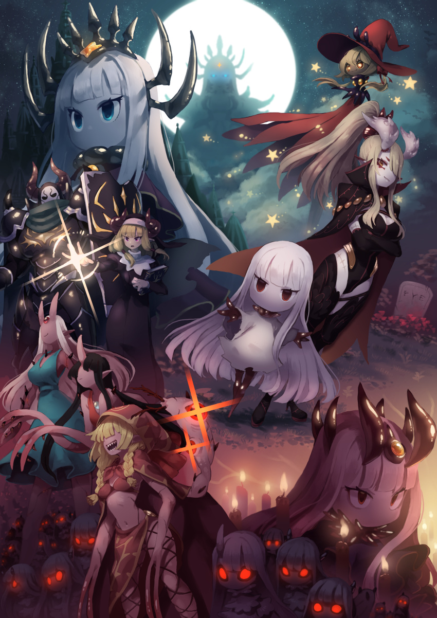 1boy 6+girls :d absurdres armor black_cape black_dress blonde_hair blue_eyes book breasts cape clone closed_mouth cordula_(okame_nin) covered_eyes crossed_arms crown demon_horns dress elbow_gloves eye_(okame_nin) fewer_digits full_moon gloves habit hair_over_eyes highres holding holding_book horns huge_filesize iga_(okame_nin) kuda_(okame_nin) large_breasts lilium_(okame_nin) long_hair long_sleeves looking_at_viewer mana_matitia_(okame_nin) moon multiple_girls navel night night_sky no_mouth nun okame_nin open_mouth original outstretched_arms pauldrons projected_inset rags red_eyes red_headwear sharp_teeth shoulder_armor single_horn sky smile spread_arms star_(sky) starry_sky teeth tombstone two-sided_cape two-sided_fabric urushia_(okame_nin) veil white_dress white_hair white_skin